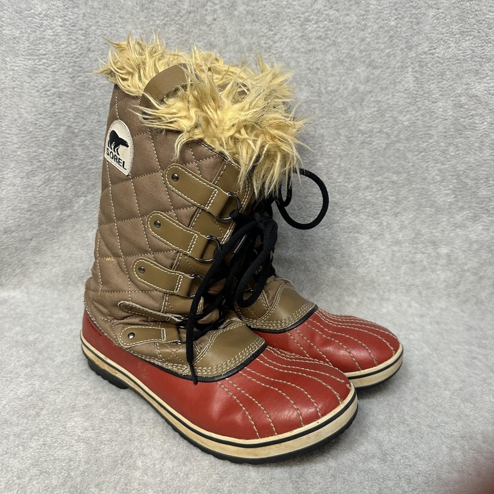Sorel Boots Womens Size 10.5 Red Brown Waterproof Quilted Faux Fur NL1909-239
